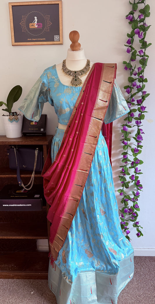 Beatiful banarasi silk lehanga ready to wear set - Sky Blue & pink