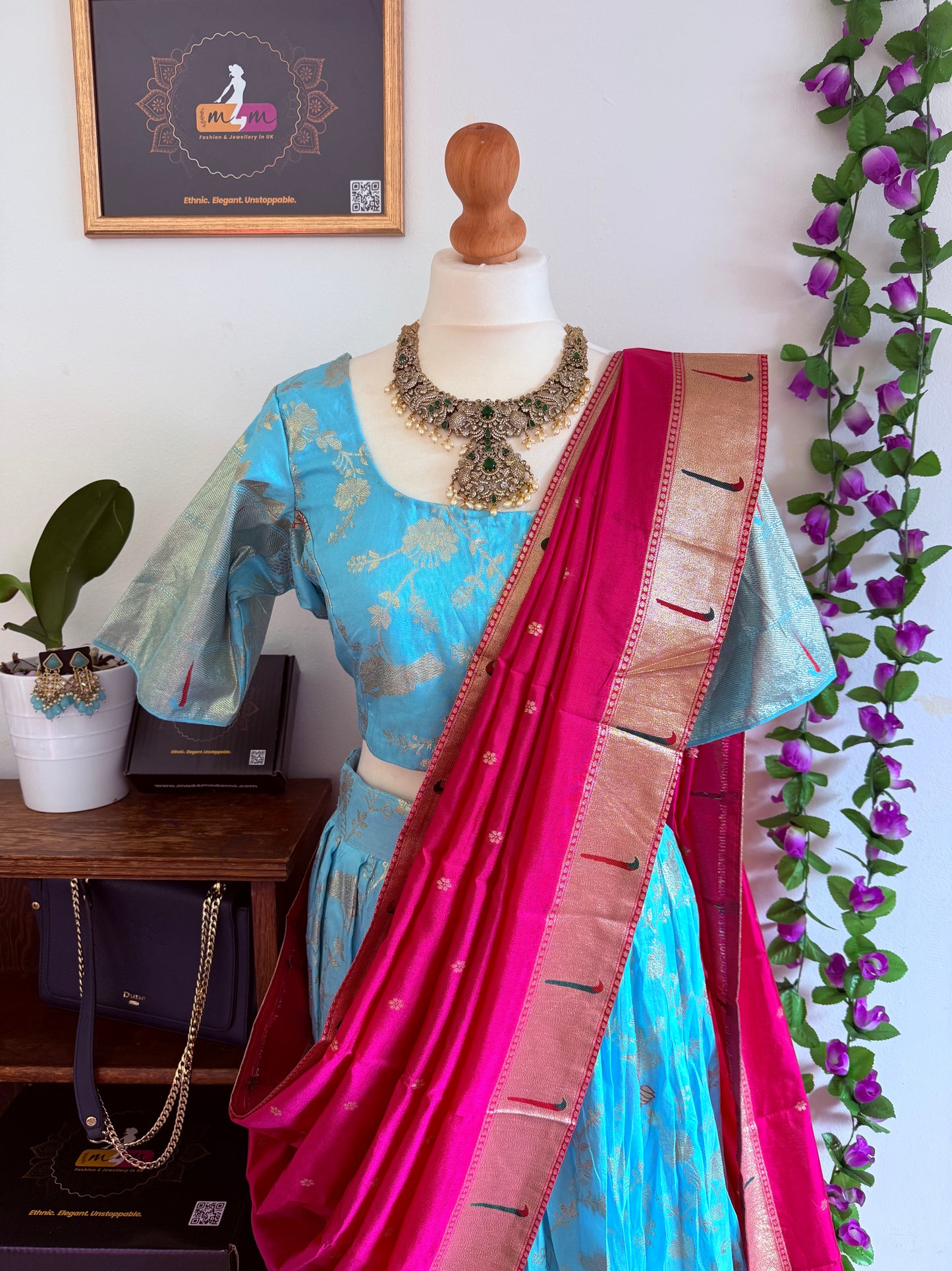Beatiful banarasi silk lehanga ready to wear set - Sky Blue & pink