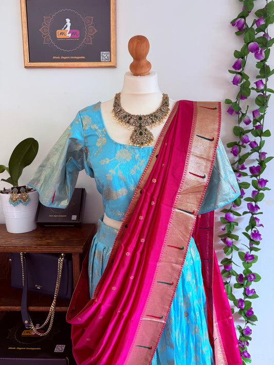 Beatiful banarasi silk lehanga ready to wear set - Sky Blue & pink