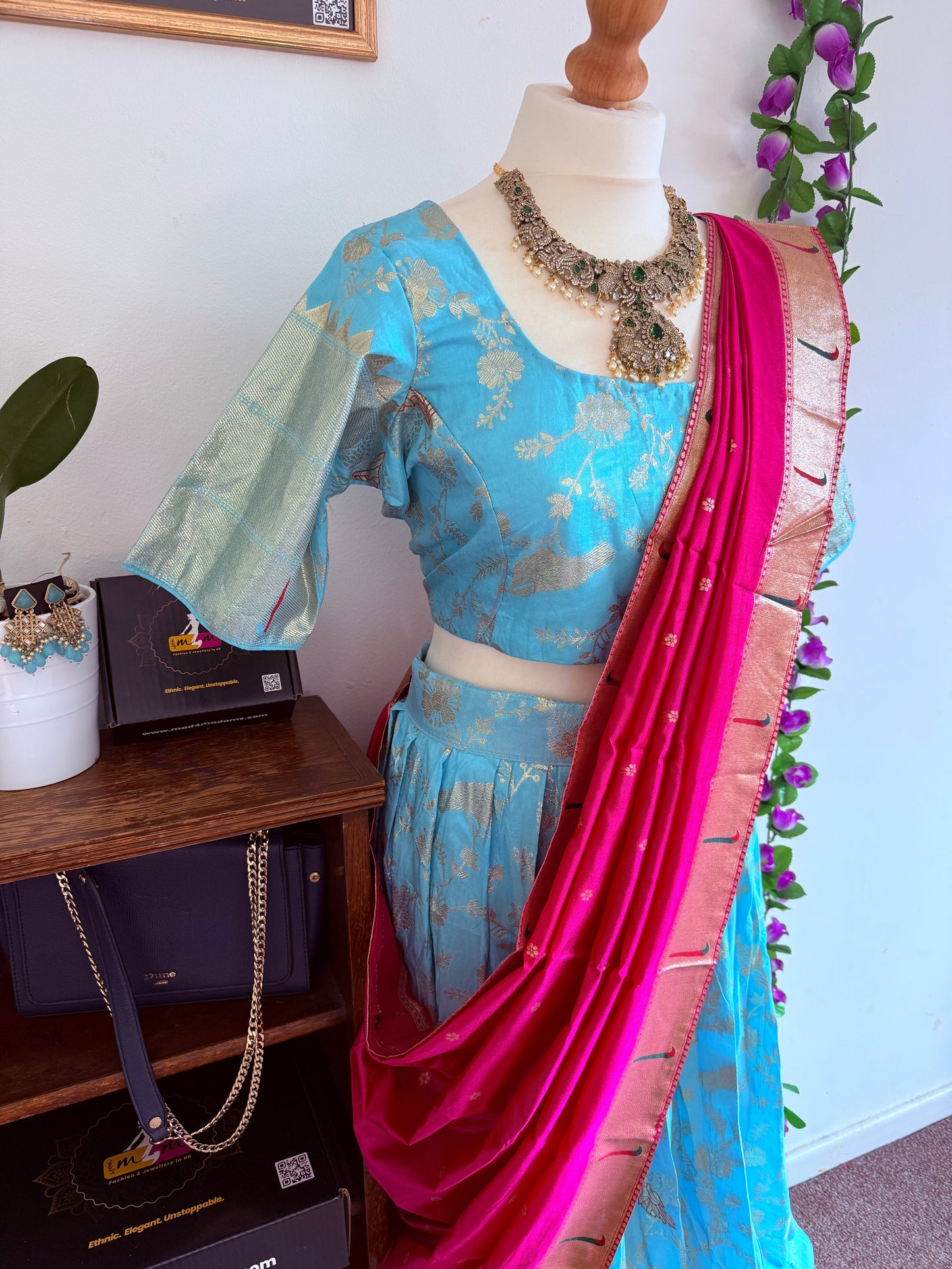 Beatiful banarasi silk lehanga ready to wear set - Sky Blue & pink