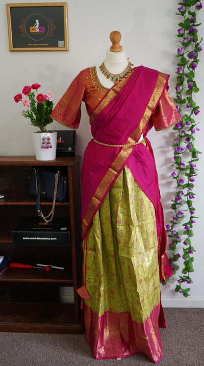 Semi kanchi Silk lehanga ready to wear set with maggam work blouse