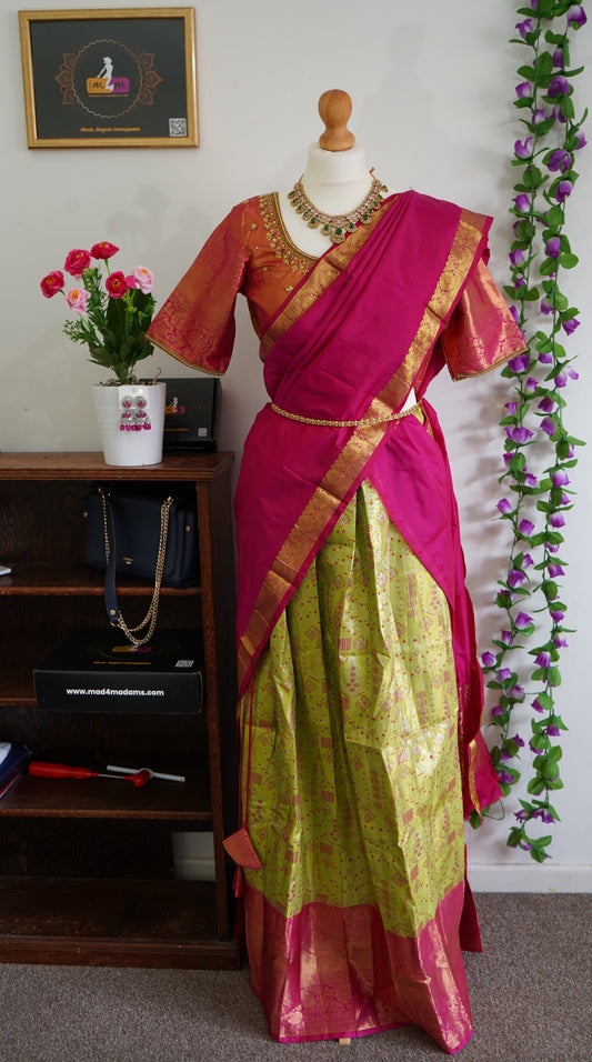 Semi kanchi Silk lehanga ready to wear set with maggam work blouse