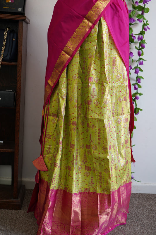 Semi kanchi Silk lehanga ready to wear set with maggam work blouse