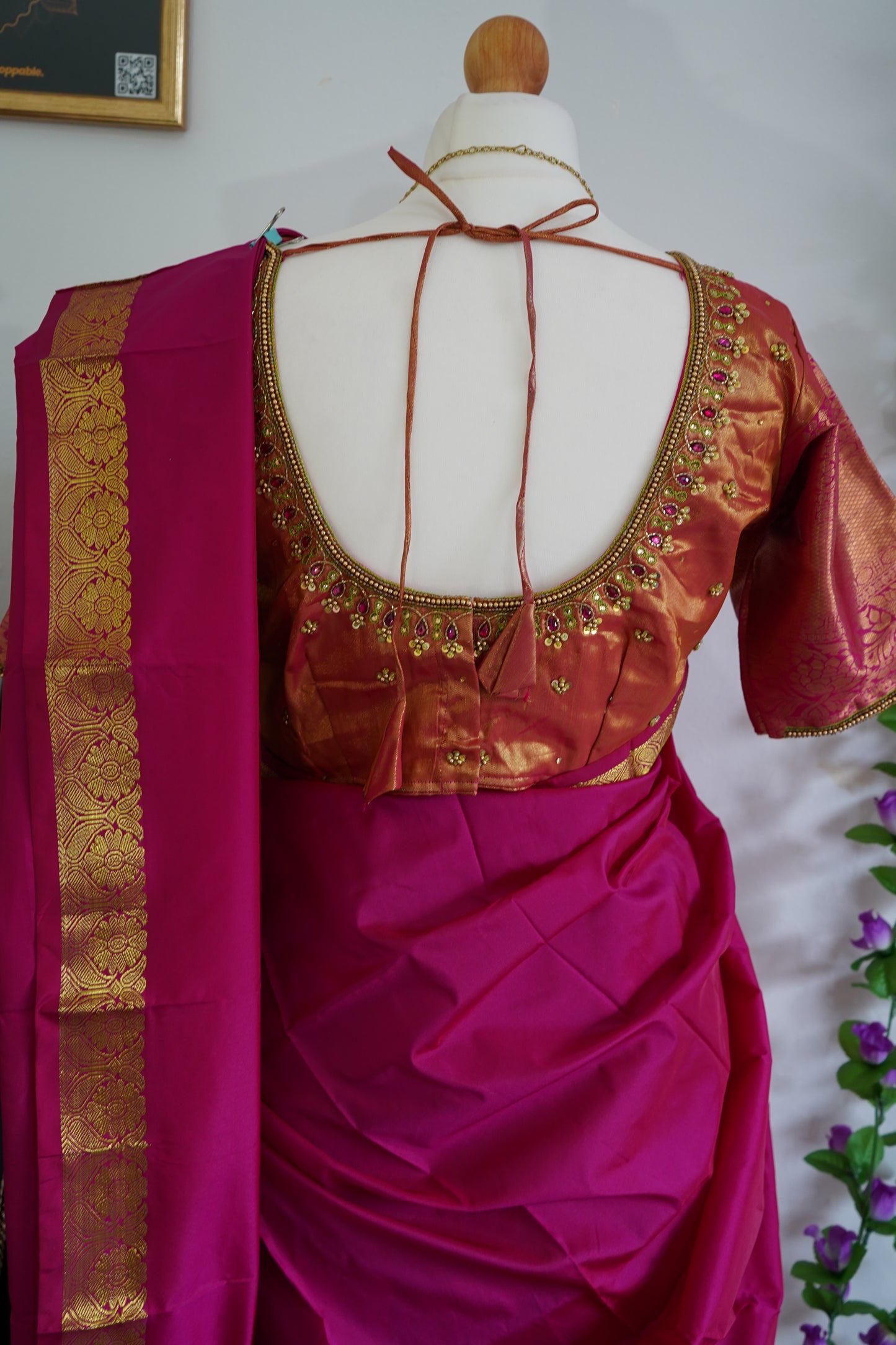Semi kanchi Silk lehanga ready to wear set with maggam work blouse