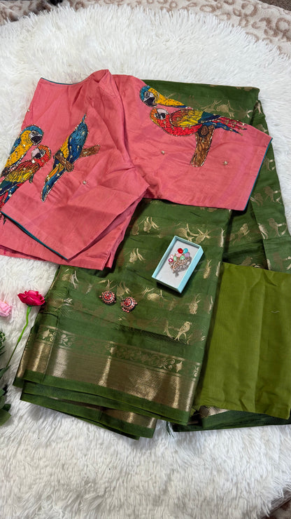 Kanchi Banarasi Saree with pink stitched bird motif blouse - Green & Pink