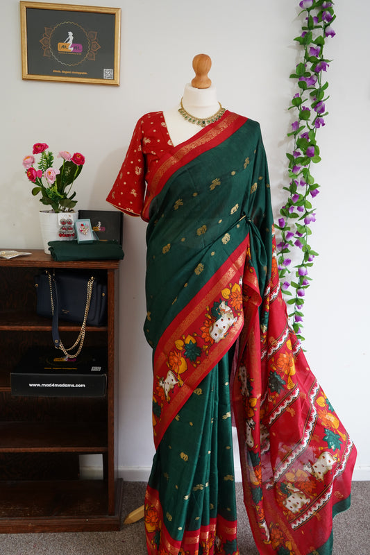 Handcrafted Cow Motif Green Mangalagiri Silk Saree with Stitched Blouse - Green Red
