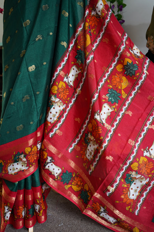 Handcrafted Cow Motif Green Mangalagiri Silk Saree with Stitched Blouse - Green Red