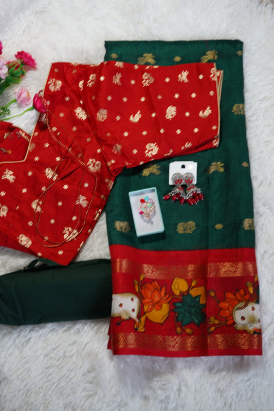 Handcrafted Cow Motif Green Mangalagiri Silk Saree with Stitched Blouse - Green Red