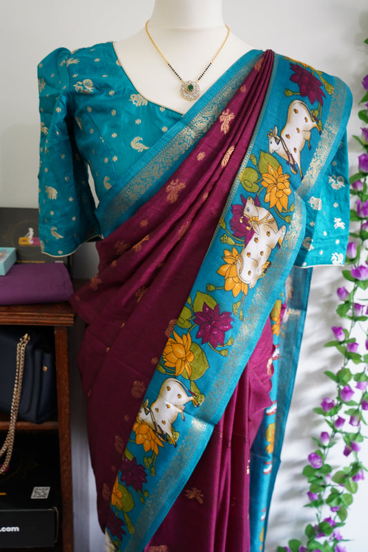 Handcrafted cow motif mangalagiri silk saree with stitched blouse - Wine-maroon & Blue