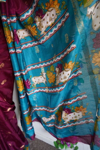 Handcrafted cow motif mangalagiri silk saree with stitched blouse - Wine-maroon & Blue