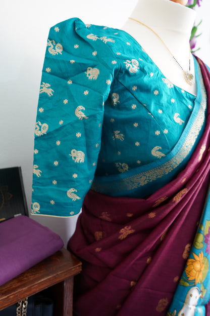 Handcrafted cow motif mangalagiri silk saree with stitched blouse - Wine-maroon & Blue