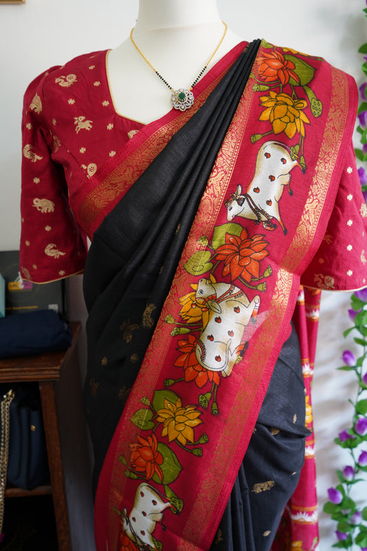 Handcrafted Cow Motif Black Mangalagiri Silk Saree with Stitched Blouse - Black & Red