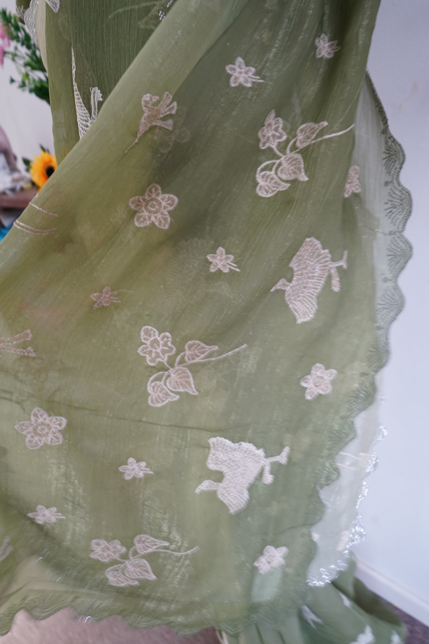 Designer Embroidery Saree Swarovski Work with Stitched Blouse – Green