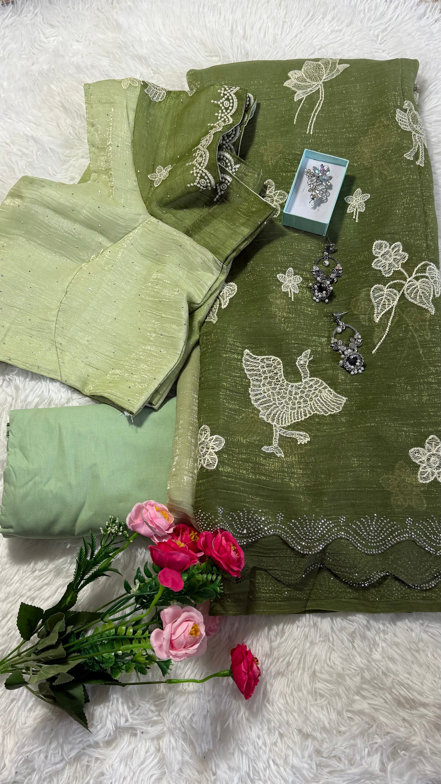 Designer Embroidery Saree Swarovski Work with Stitched Blouse – Green
