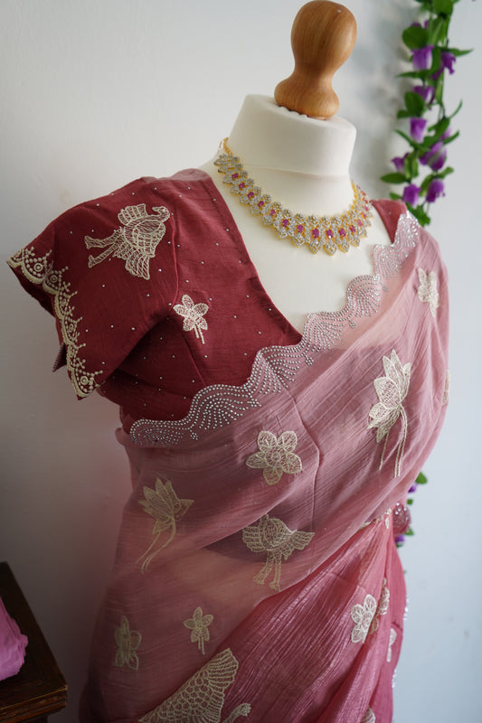 Designer Embroidery, Swarovski Work with Stitched Blouse – Pink