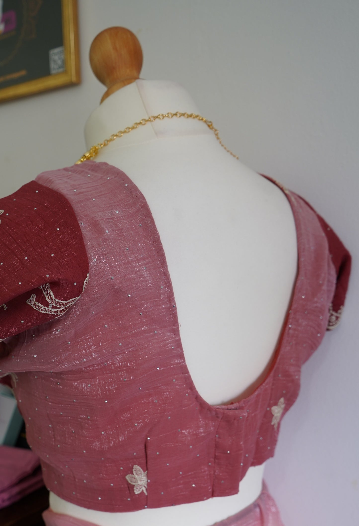 Designer Embroidery, Swarovski Work with Stitched Blouse – Pink
