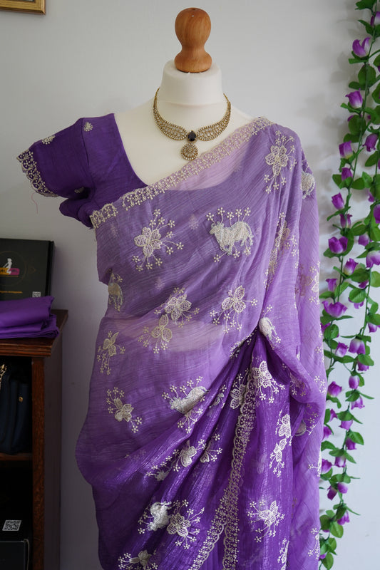 Crush Dual Shade Fancy Embroidery Work Saree with Stitched Blouse – Purple