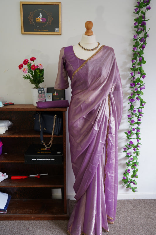 Shimmery Chiffon with beads work gold lace border with stitched blouse - Lavender
