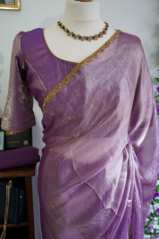 Shimmery Chiffon with beads work gold lace border with stitched blouse - Lavender