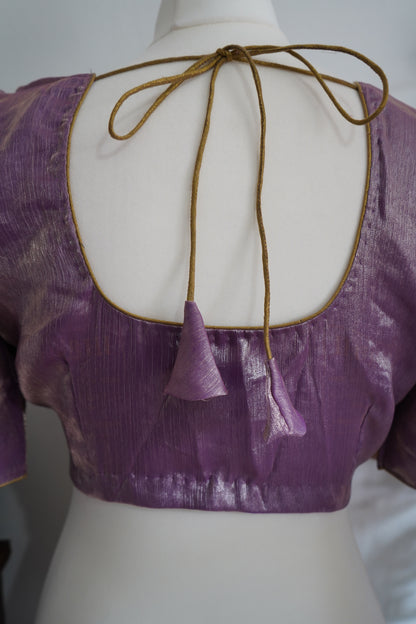 Shimmery Chiffon with beads work gold lace border with stitched blouse - Lavender