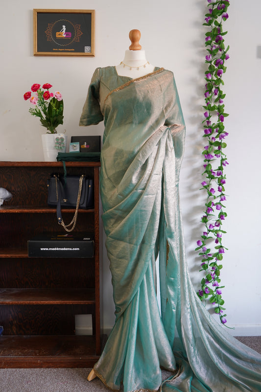 Shimmery Chiffon with beads work gold lace border with stitched blouse - Green