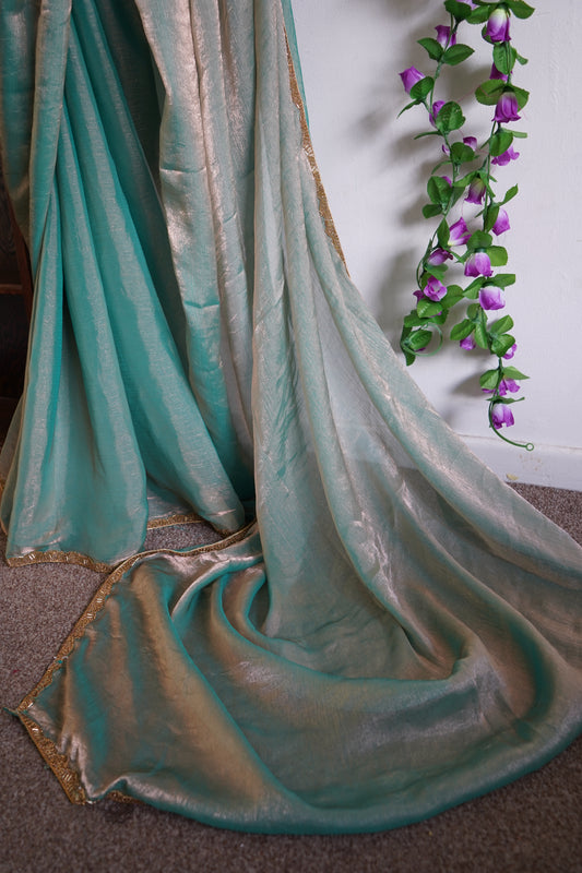 Shimmery Chiffon with beads work gold lace border with stitched blouse - Green