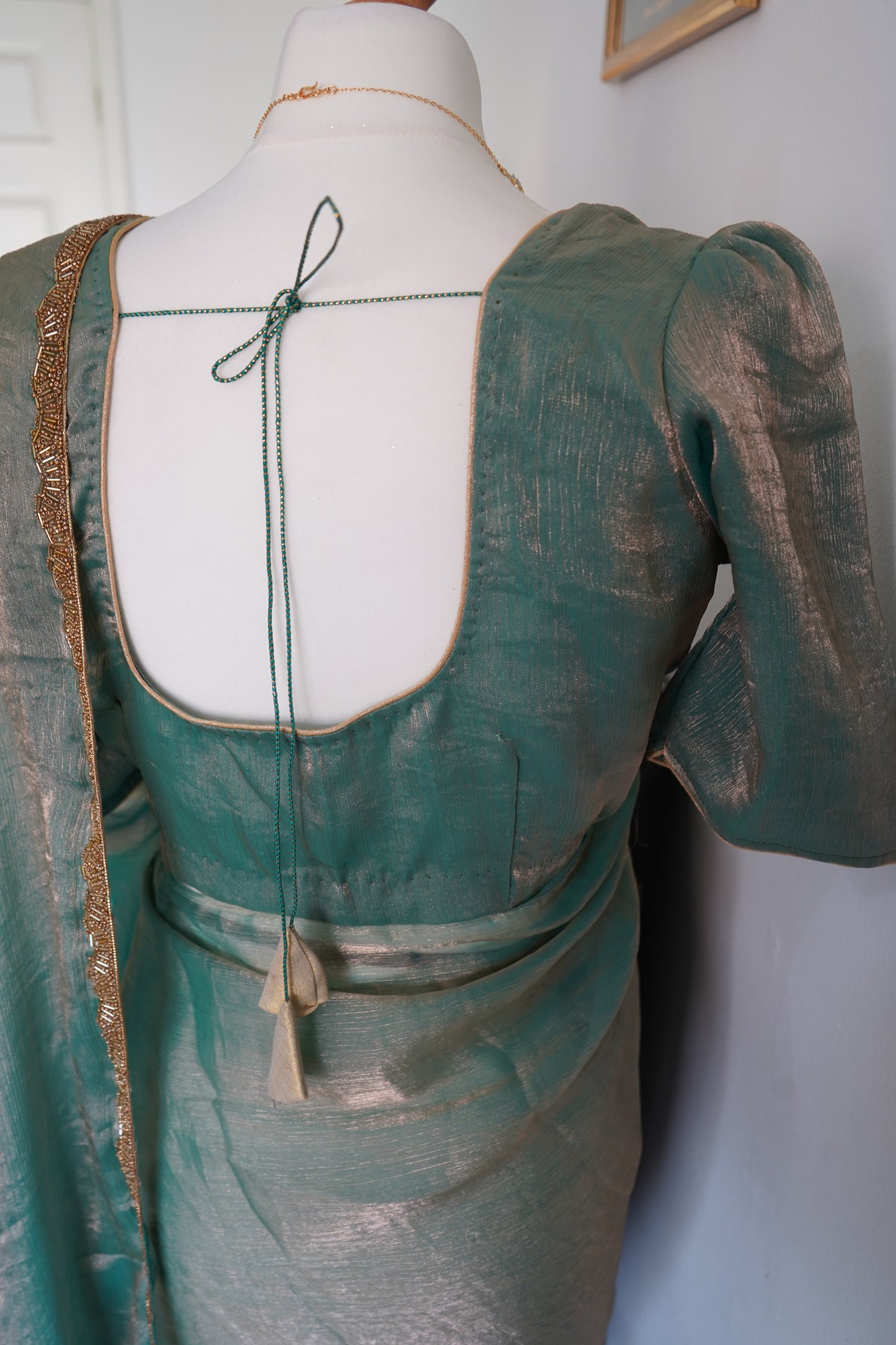 Shimmery Chiffon Saree with beads work lace border with stitched blouse - Green