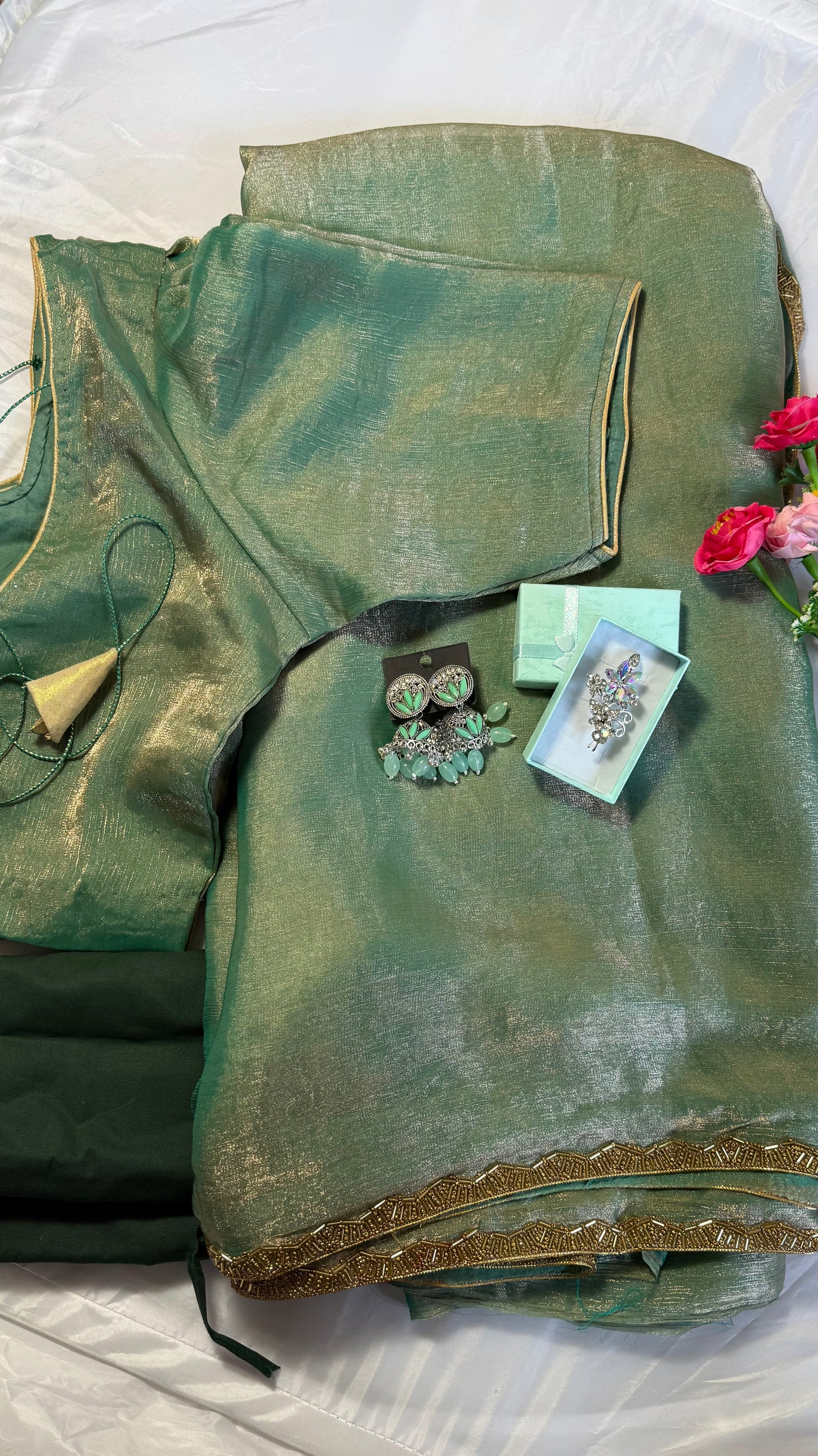 Shimmery Chiffon Saree with beads work lace border with stitched blouse - Green