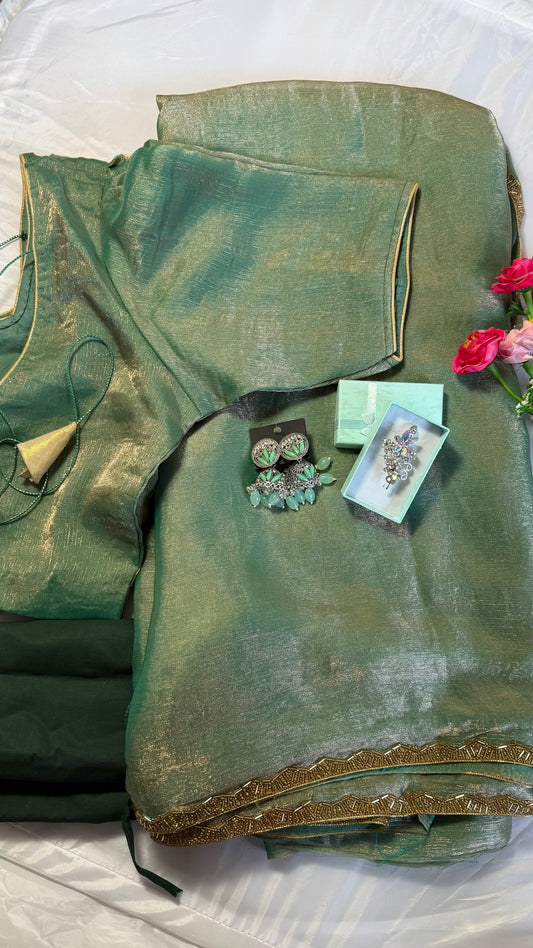 Shimmery Chiffon Saree with beads work lace border with stitched blouse - Green