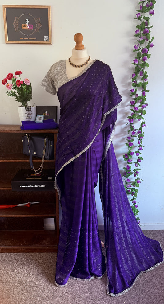 Shimmery georgette, bead work silver lace border with stitched blouse - Royal Blue
