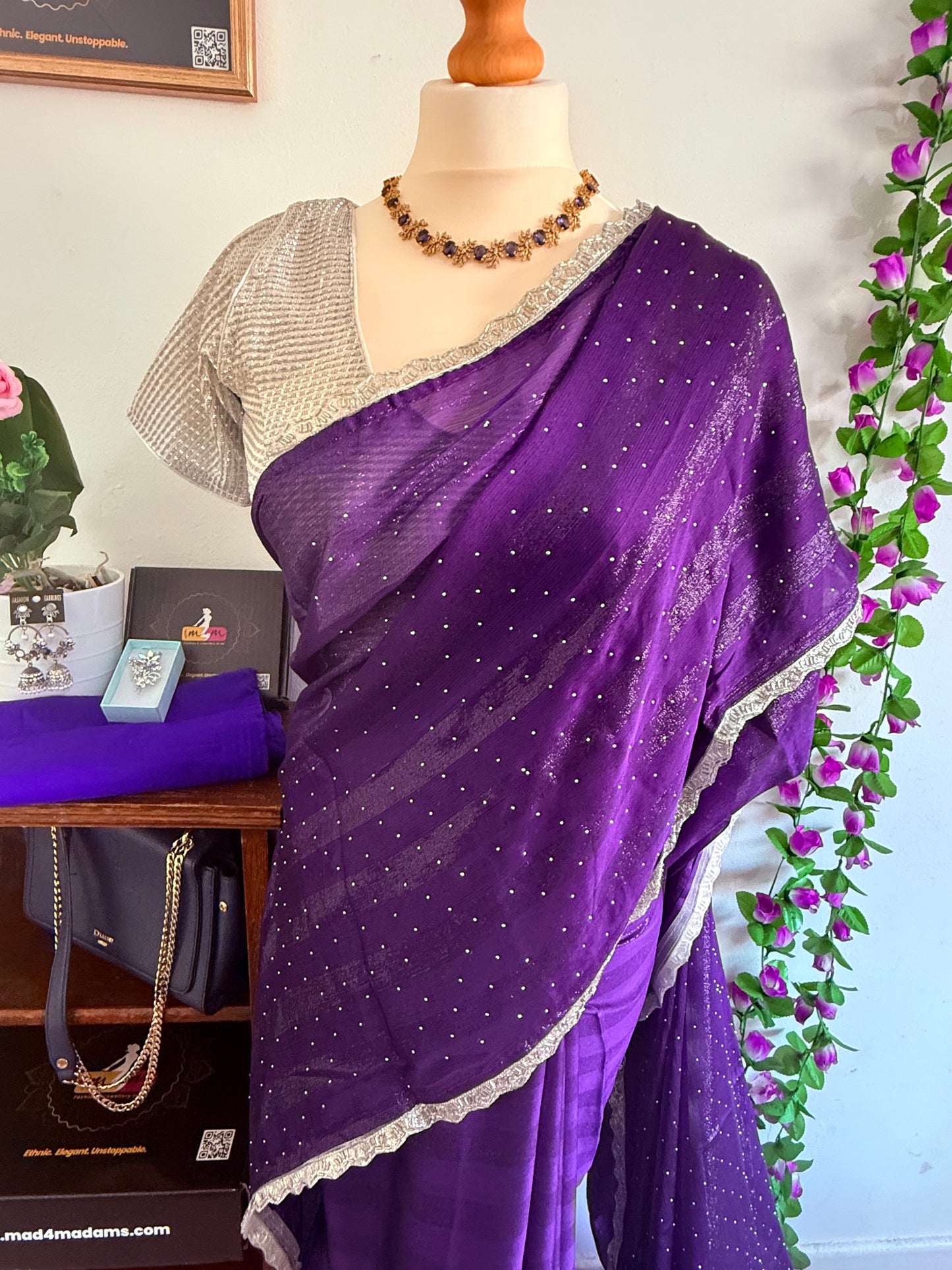 Shimmery georgette Saree bead work lace border with stitched blouse - Royal Blue