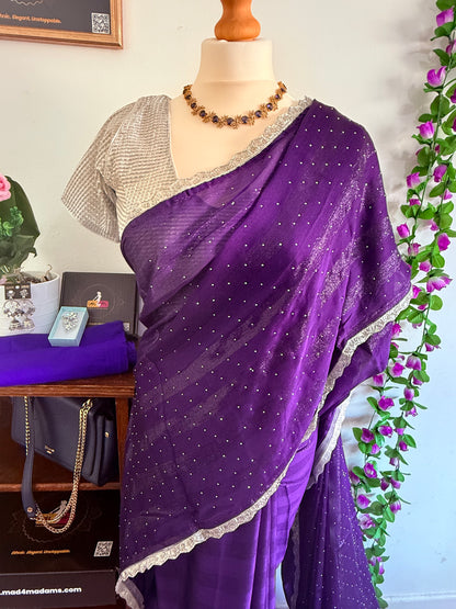 Shimmery georgette Saree bead work lace border with stitched blouse - Royal Blue