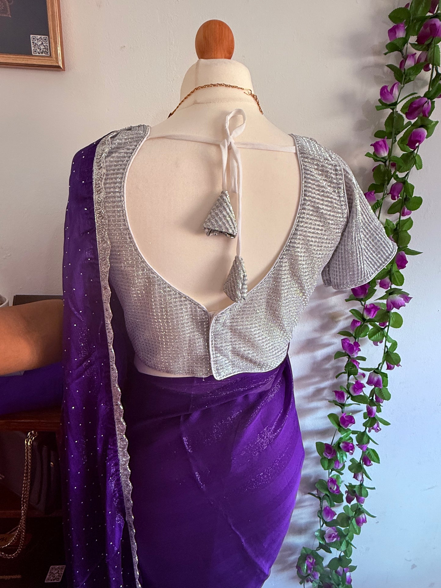 Shimmery georgette Saree bead work lace border with stitched blouse - Royal Blue