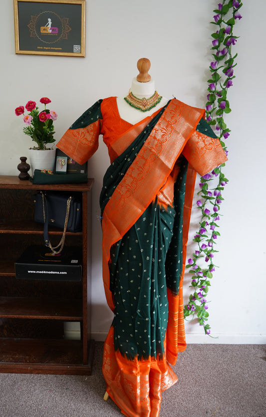 Bandhini dola silk saree with stitched blouse - Green & Orange