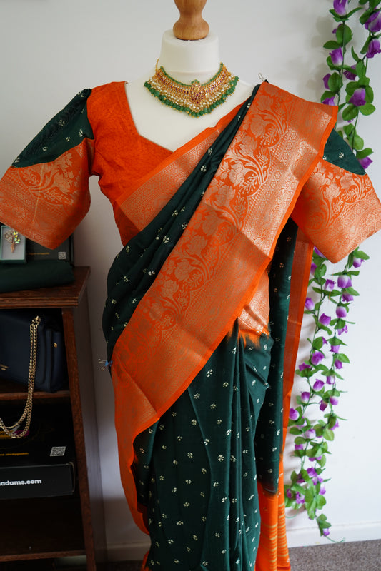 Bandhini dola silk saree with stitched blouse - Green & Orange