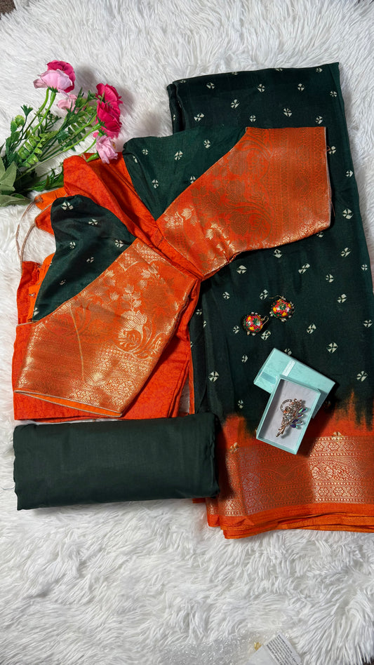 Bandhini dola silk saree with stitched blouse - Green & Orange