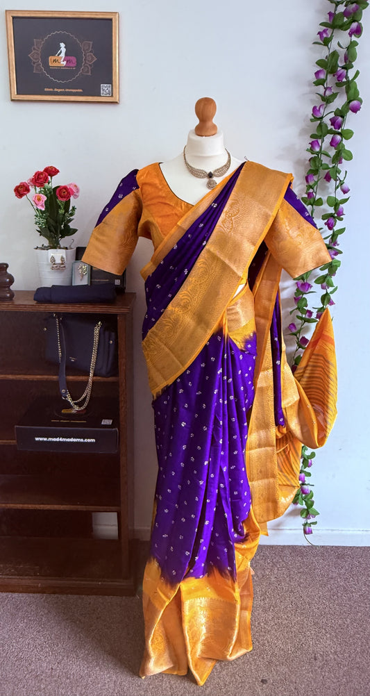 Bandhini dola silk saree with stitched blouse - Royal Blue & Orange