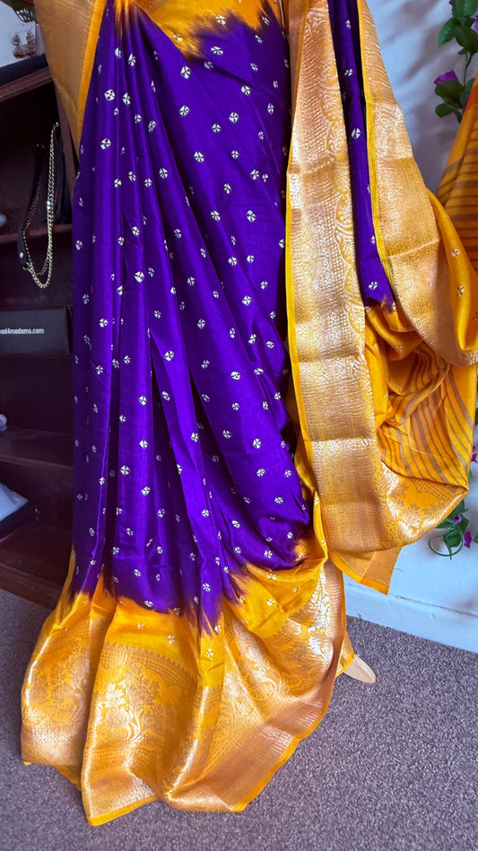 Bandhini dola silk saree with stitched blouse - Royal Blue & Orange
