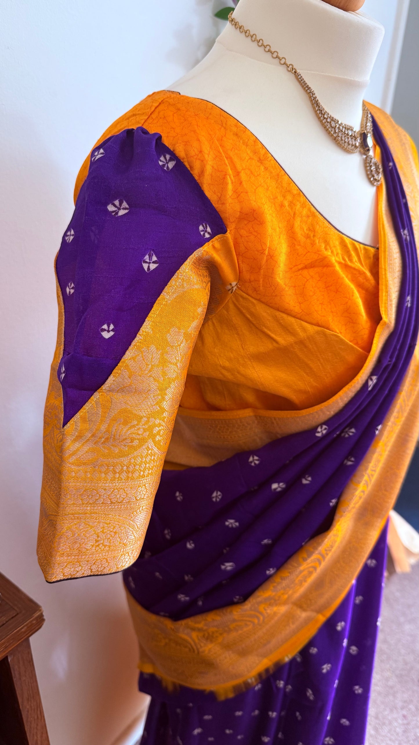 Bandhini dola silk saree with stitched blouse - Royal Blue & Orange
