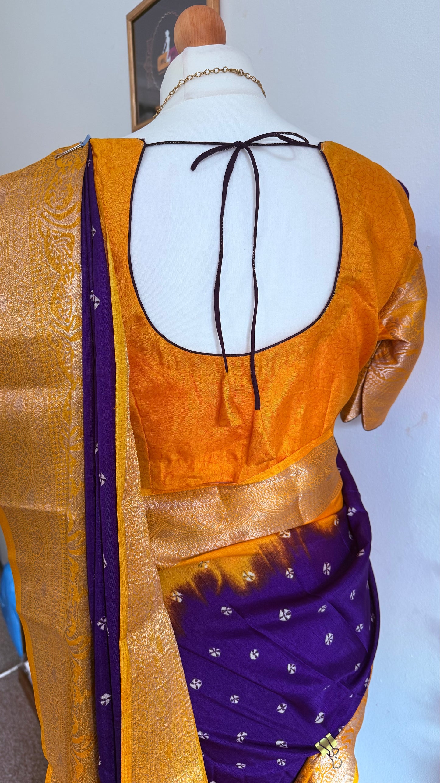 Bandhini dola silk saree with stitched blouse - Royal Blue & Orange