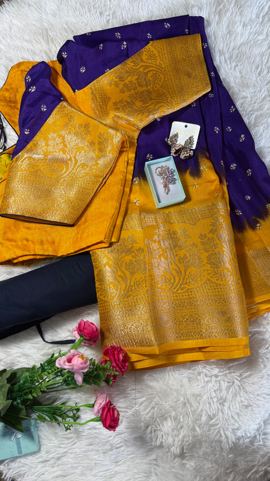 Bandhini dola silk saree with stitched blouse - Royal Blue & Orange