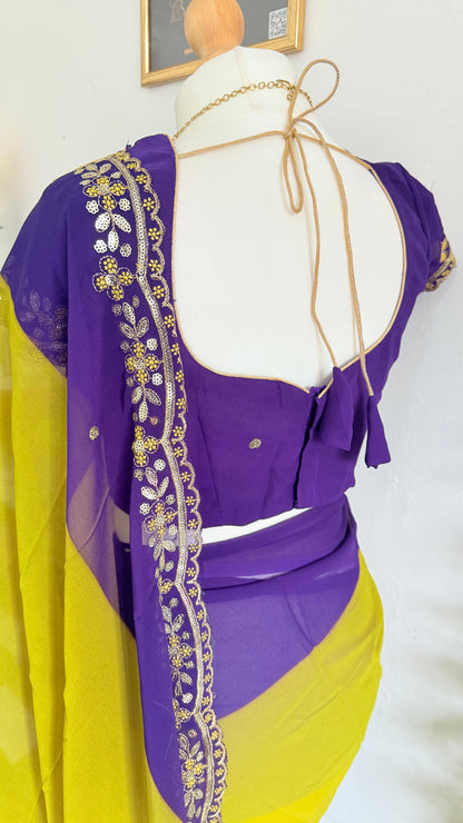 Georgette Dual Shade Cut Work Border with Stitched Blouse – Yellow & deep plum-purple