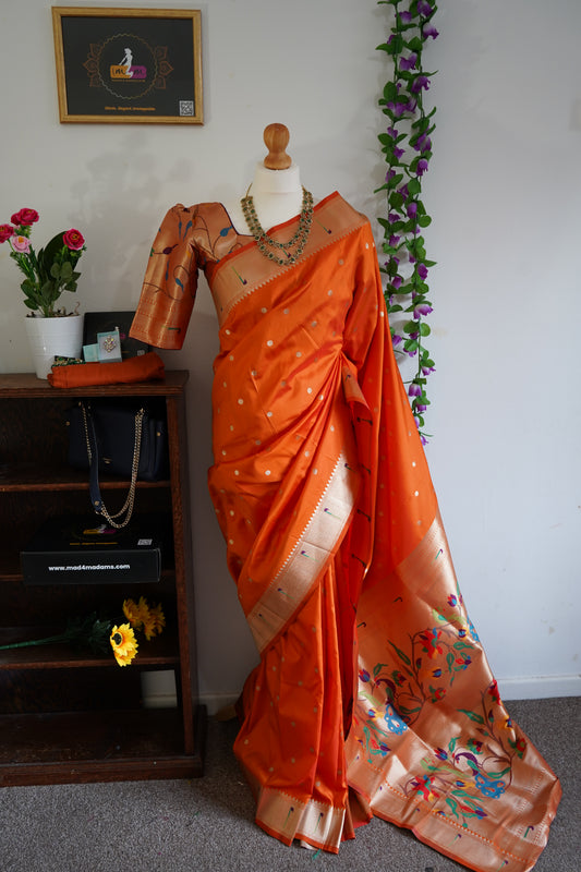 Meena Weaving Paithani Pattu Saree with Dollar Butti – Orange