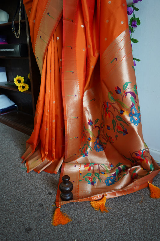 Meena Weaving Paithani Pattu Saree with Dollar Butti – Orange