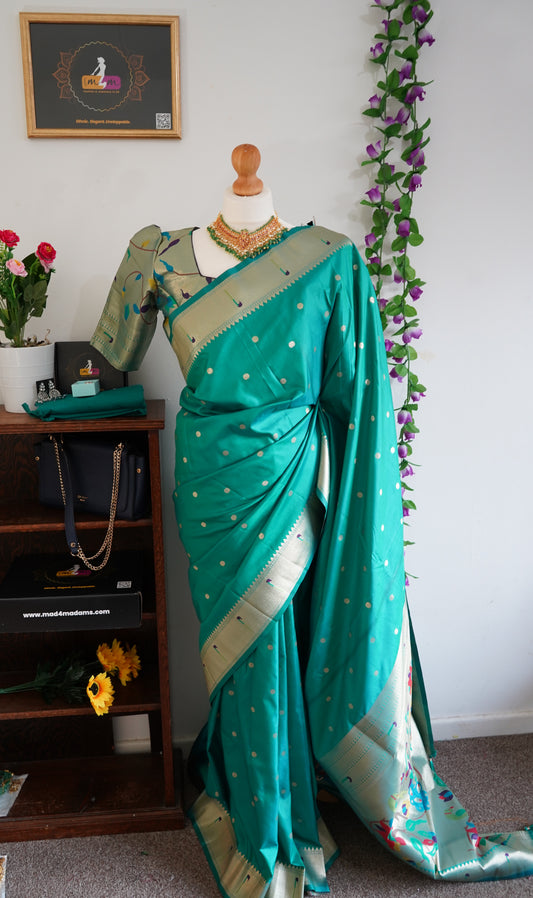 Meena weaving paithani silk with dollar buttis, woven floral pallu saree with stitched blouse – Sea Green