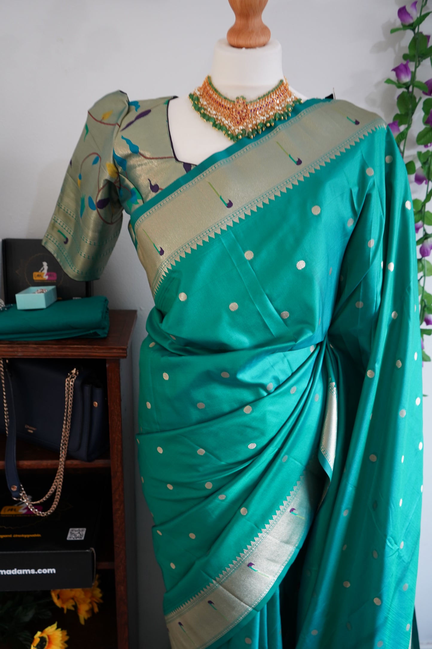 Meena weaving paithani silk with dollar buttis, woven floral pallu saree with stitched blouse – Sea Green