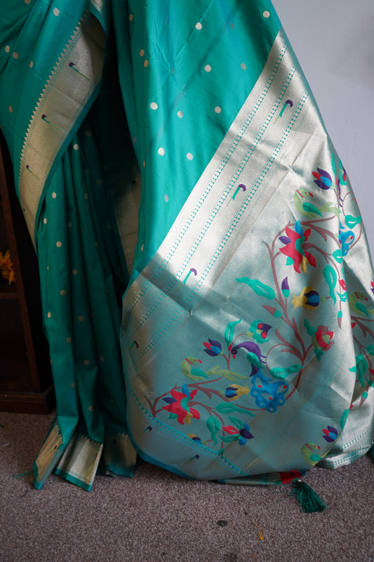 Meena weaving paithani silk with dollar buttis, woven floral pallu saree with stitched blouse – Sea Green
