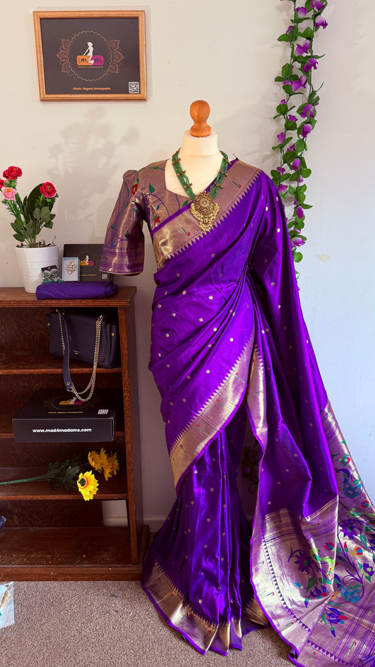 Meena weaving paithani silk with dollar buttis, woven floral pallu saree with stitched blouse – Purple