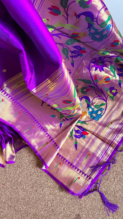 Meena weaving paithani silk with dollar buttis, woven floral pallu saree with stitched blouse – Purple