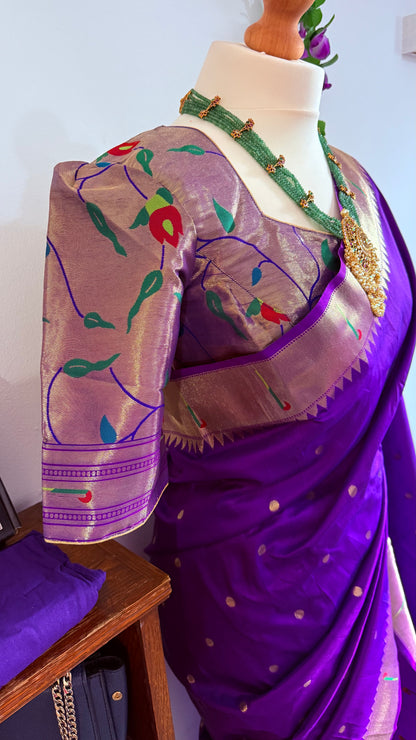 Meena weaving paithani silk with dollar buttis, woven floral pallu saree with stitched blouse – Purple